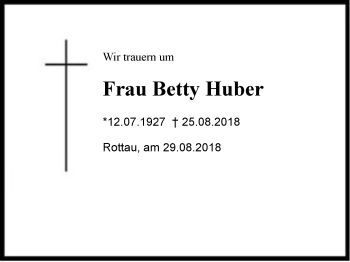 Traueranzeige von Betty Huber von Region Chiemgau