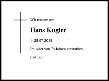 Traueranzeige von Hans Kogler von Region Chiemgau