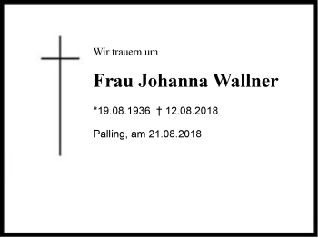 Traueranzeige von Johanna Wallner von Region Chiemgau