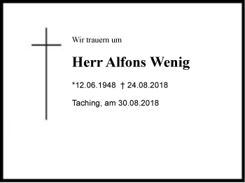 Traueranzeige von Alfons Wenig von Region Chiemgau