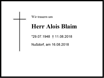 Traueranzeige von Alois Blaim von Region Chiemgau