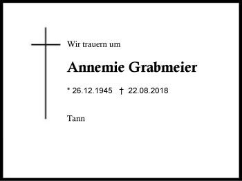 Traueranzeige von Annemie Grabmeier von Region Berchtesgadener Land