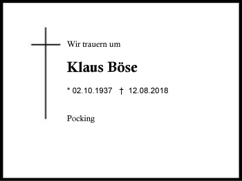 Traueranzeige von Klaus Böse von Region Berchtesgadener Land