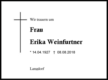 Traueranzeige von Erika Weinfurtner von Region Berchtesgadener Land