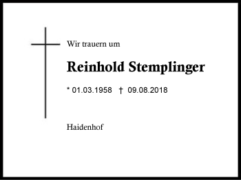 Traueranzeige von Reinhold Stemplinger von Region Berchtesgadener Land