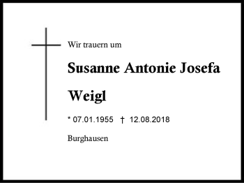 Traueranzeige von Susanne Antonie Josefa Weigl von Region Berchtesgadener Land