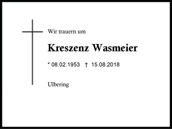 Traueranzeige von Kreszenz Wasmeier von Region Berchtesgadener Land