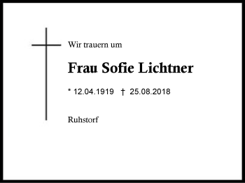 Traueranzeige von Sofie Lichtner von Region Berchtesgadener Land