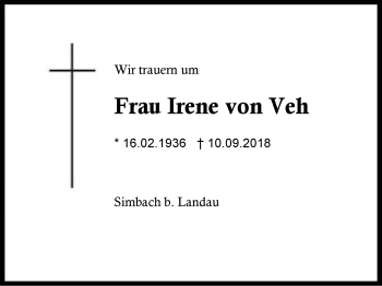 Traueranzeige von Irene von Veh von Region Berchtesgadener Land