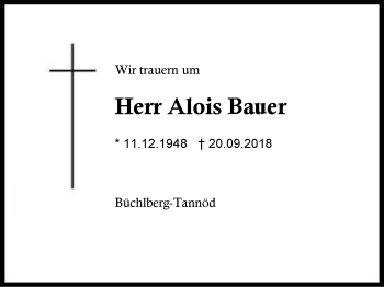 Traueranzeige von Alois Bauer von Region Berchtesgadener Land