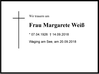 Traueranzeige von Margarete Weiß von Region Chiemgau