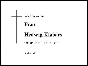 Traueranzeige von Hedwig Klabacs von Region Berchtesgadener Land