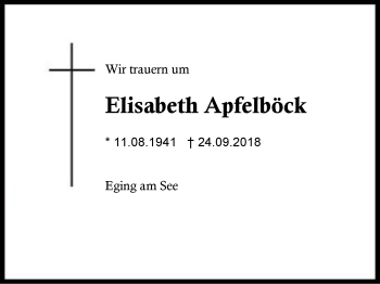 Traueranzeige von Elisabeth Apfelböck von Region Berchtesgadener Land