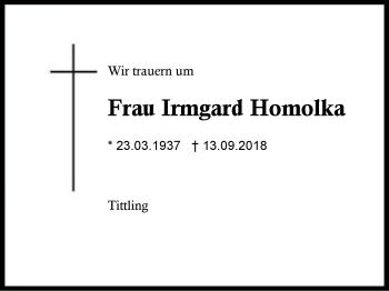 Traueranzeige von Irmgard Homolka von Region Berchtesgadener Land