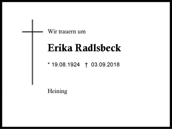 Traueranzeige von Erika Radlsbeck von Region Berchtesgadener Land