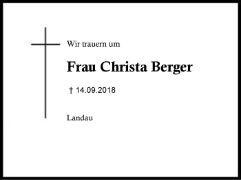 Traueranzeige von Christa Berger von Region Berchtesgadener Land