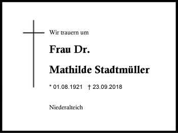 Traueranzeige von Mathilde Stadtmüller von Region Berchtesgadener Land