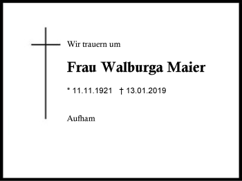 Traueranzeige von Walburga Maier von Region Berchtesgadener Land