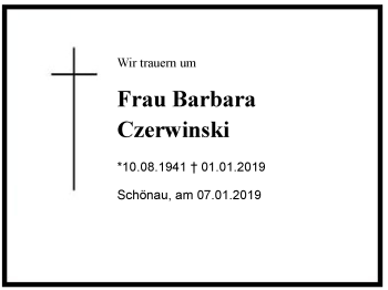 Traueranzeige von Barbara Czerwinski von Region Berchtesgadener Land