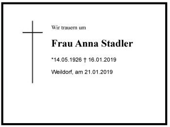 Traueranzeige von Anna  Stadler von Region Berchtesgadener Land