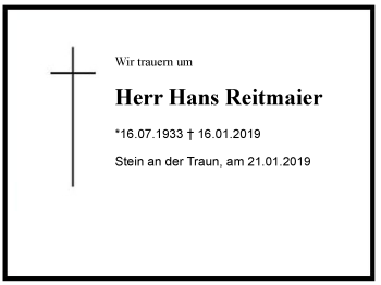 Traueranzeige von Hans  Reitmaier von Region Chiemgau