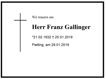 Traueranzeige von Franz  Gallinger von Region Chiemgau