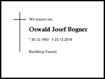 Traueranzeige von Oswald Josef Bogner von Region Berchtesgadener Land