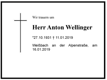 Traueranzeige von Anton  Wellinger von Region Berchtesgadener Land