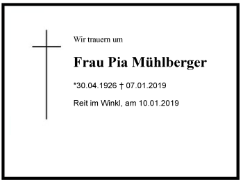 Traueranzeige von Pia  Mühlberger  von Region Chiemgau