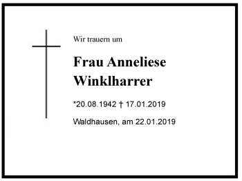 Traueranzeige von Anneliese  Winklharrer von Region Chiemgau