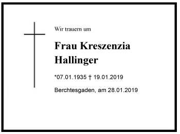 Traueranzeige von Kreszenzia Hallinger von Region Berchtesgadener Land