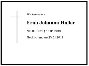 Traueranzeige von Johanna Haller von Region Berchtesgadener Land