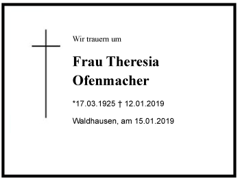 Traueranzeige von Theresia  Ofenmacher von Region Chiemgau