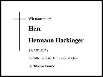 Traueranzeige von Hermann Hackinger von Region Berchtesgadener Land