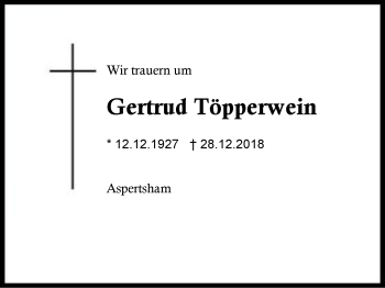 Traueranzeige von Gertrud Töpperwein von Region Berchtesgadener Land