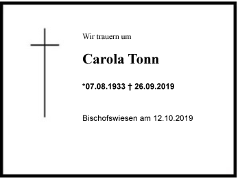 Traueranzeige von Carola  Tonnn von Region Berchtesgadener Land