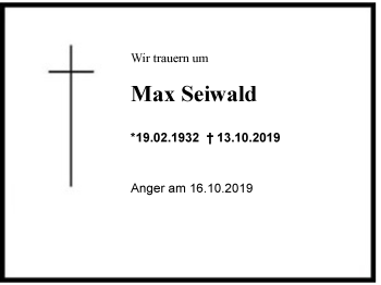 Traueranzeige von Max Seiwald von Region Berchtesgadener Land