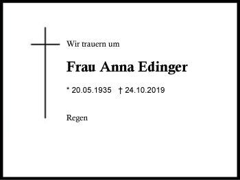 Traueranzeige von Anna Edinger von Region Berchtesgadener Land