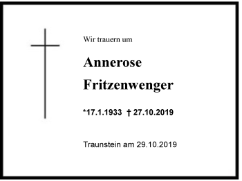 Traueranzeige von Annerose Fritzenwenger von Region Chiemgau