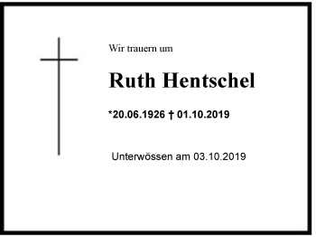 Traueranzeige von Ruth Hentschel von Region Chiemgau