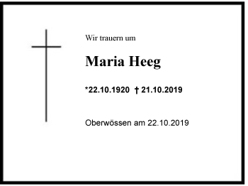 Traueranzeige von Maria Heeg von Region Chiemgau