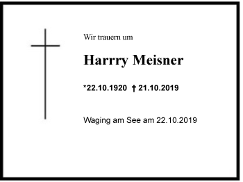 Traueranzeige von Harry  Meisner von Region Chiemgau