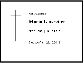 Traueranzeige von Maria  Gaisreiter von Region Chiemgau