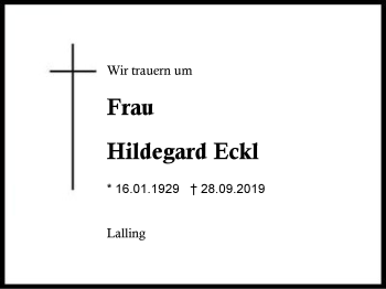 Traueranzeige von Hildegard Eckl von Region Berchtesgadener Land