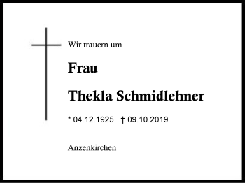 Traueranzeige von Thekla Schmidlehner von Region Berchtesgadener Land