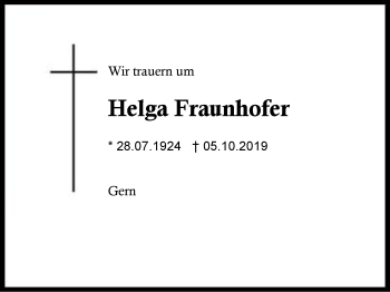 Traueranzeige von Helga Fraunhofer von Region Berchtesgadener Land