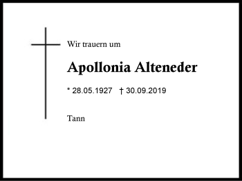 Traueranzeige von Apollonia Alteneder von Region Berchtesgadener Land