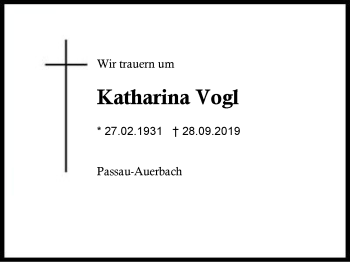 Traueranzeige von Katharina Vogl von Region Berchtesgadener Land