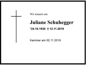 Traueranzeige von Juliane  Schuhegger von Region Chiemgau