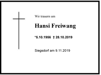 Traueranzeige von Hansi Freiwang von Region Chiemgau